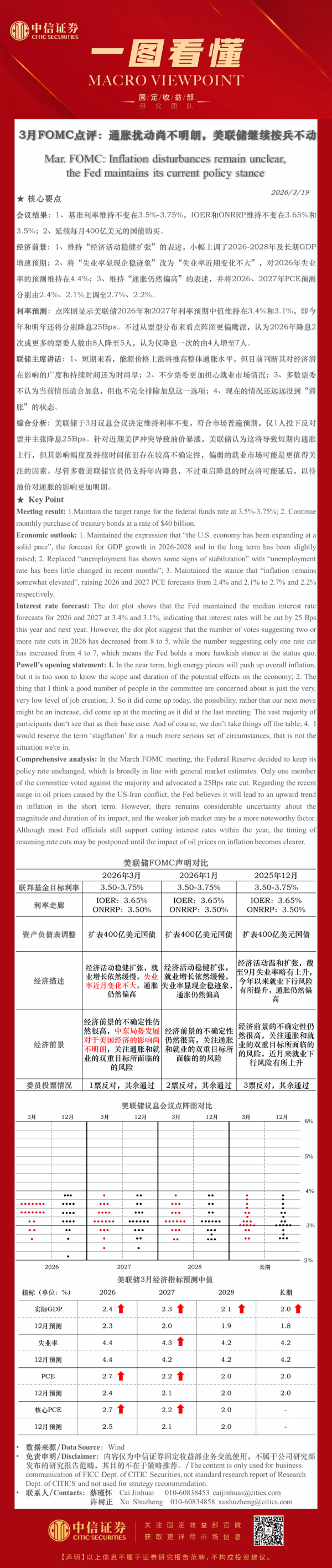一图看懂 | 2026年3月美联储议息会议点评：通胀扰动尚不明朗，美联储继续按兵不动
